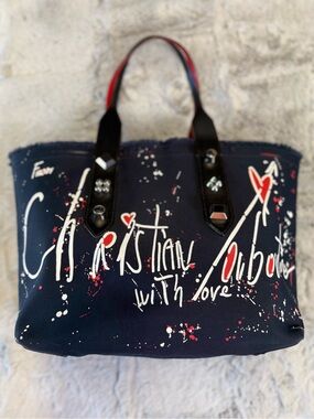 Christian Louboutin Navy Graffiti Canvas Tote with Red & White Accents